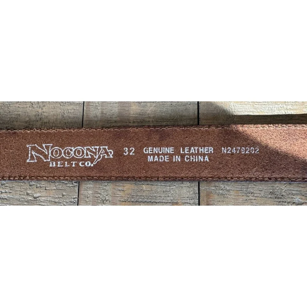 Nocona Mens 32 Western Silver Engraved Buckle Brown Leather Rustic Belt